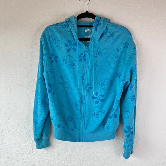 Disney Lilo and Stitch Zip Up Hoodie Jacket Stitch and Floral Print Blue Small - Picture 1 of 6